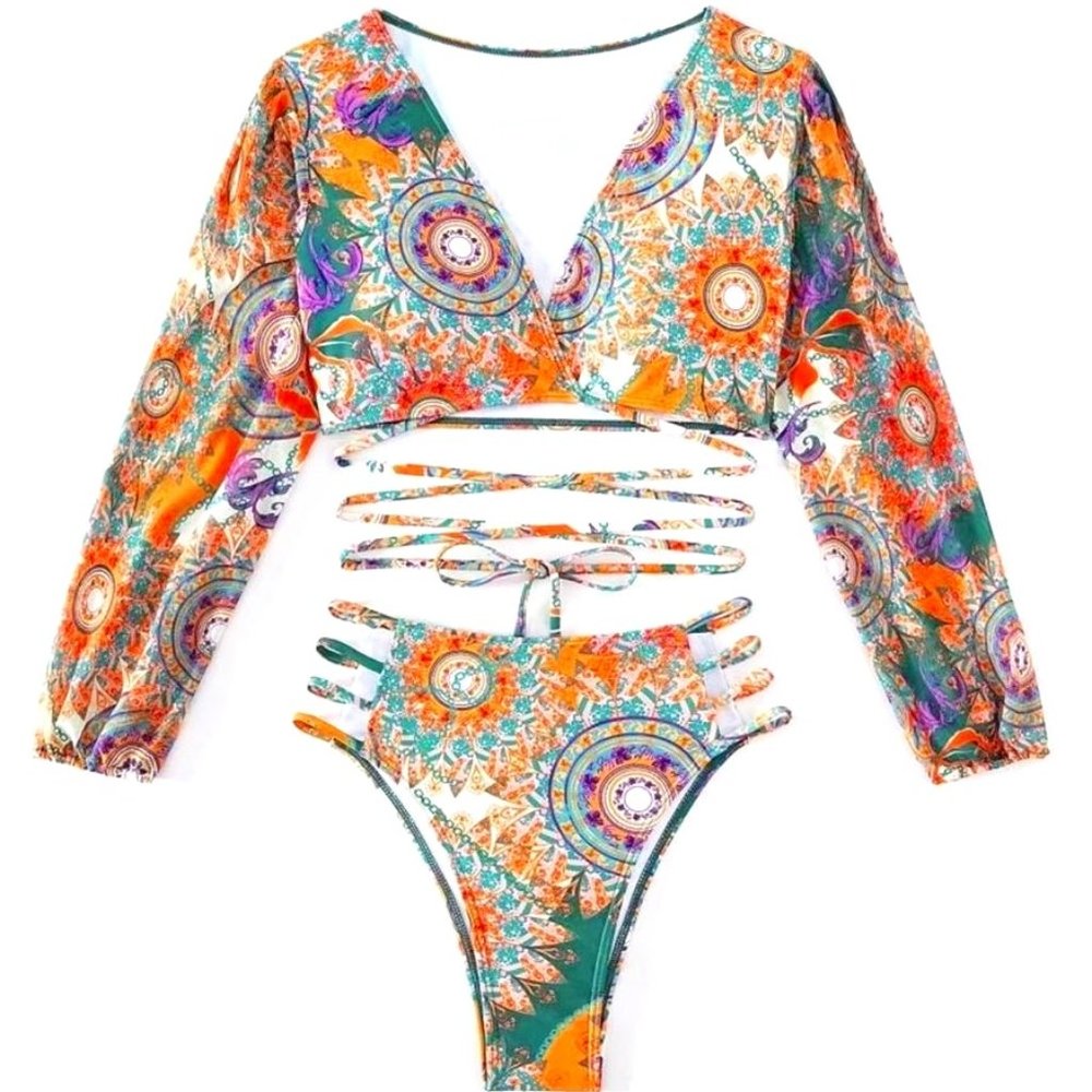 Callie Gypsy Sleeve: Multicolor Paisley Padded Plunge V-Neck Wrap Around Bikini - Picture 3 of 17